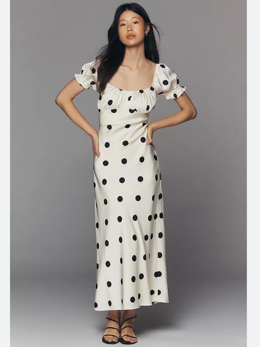 Lulus Keaton Puff-Sleeve Ivory Black Polka Dot Midi Dress New!